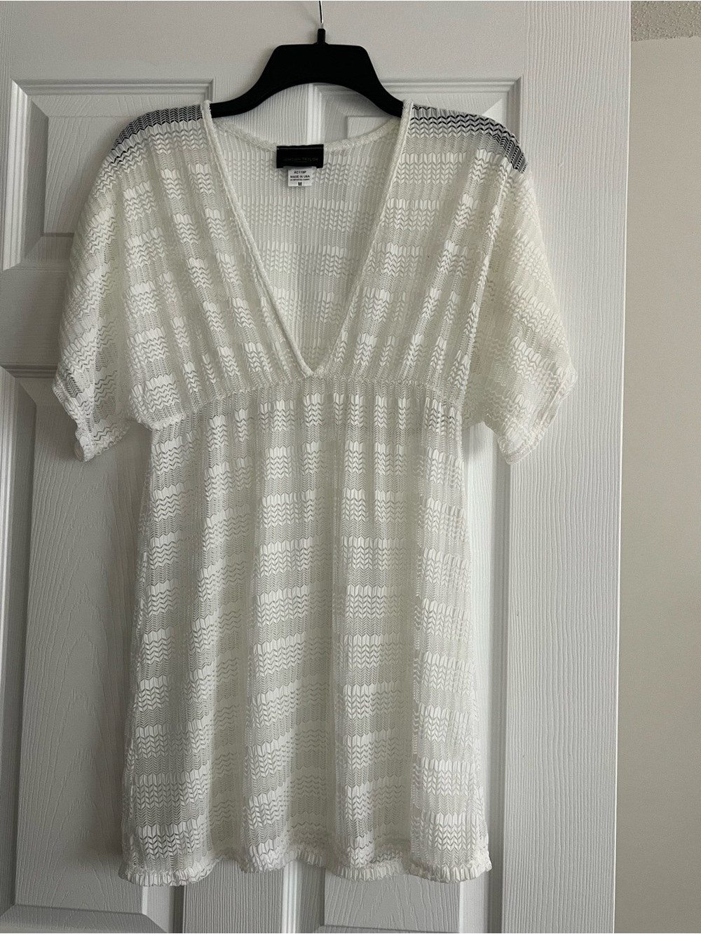 Jordan Taylor White Crochet V-Neck Swim Coverup with Gray Trim